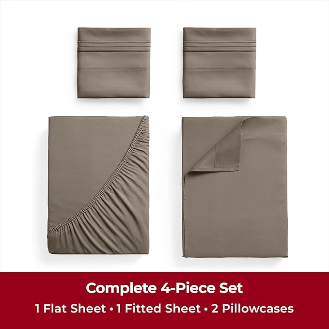 Mellanni Twin XL Sheets Set - 4 Piece Iconic Collection Bedding Sheets & Pillowcases - Soft, Cooling Bed Sheets - Deep Pocket up to 16 inch - 4 PC (Twin Extra Long, Dark Taupe w/Extra Pillow Case) - LeafyLoom