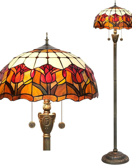 Tiffany Floor Lamp Red Tulip Style Stained Glass lamp for Living Room Bedroom Office Bright Lighting Rustic Corner Deco Standing Tall Unique Vintage Reading Unique Bronze Reading Aesthetic - LeafyLoom