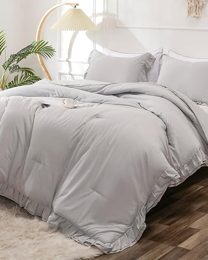 Gray Double Ruffle Comforter Set Queen Size (90x90 Inch), 3 Pcs Grey Farmhouse Vintage Comforter Set (1 Ruffled Comforter and 2 Pillowcase), Rustic All Season Down Alternative Bedding Set - LeafyLoom