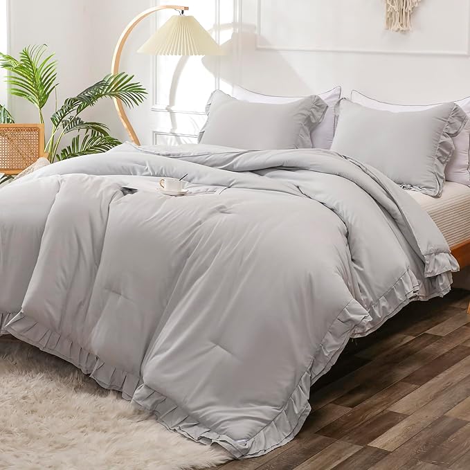 Gray Double Ruffle Comforter Set King Size (104x90 Inch), 3 Pcs Grey Farmhouse Vintage Comforter Set (1 Ruffled Comforter and 2 Pillowcase), Rustic All Season Down Alternative Bedding Set - LeafyLoom