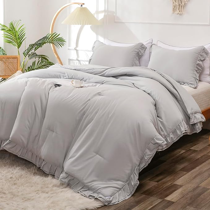 Gray Double Ruffle Comforter Set Twin Size (66x90 Inch), 2 Pcs Grey Farmhouse Vintage Comforter Set (1 Ruffled Comforter and 1 Pillowcase), Rustic All Season Down Alternative Bedding Set - LeafyLoom