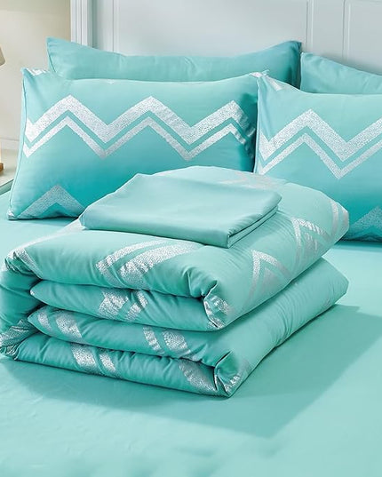 Wowelife Teal Comforter Set Queen7 Pieces Blue Glitter Metallic Bedding Set Full Teal Kids Comforter Set Breathable with Comforter, Flat Sheet, Fitted Sheet, 2 Pillow Shams and 2 Pillowcases - LeafyLoom
