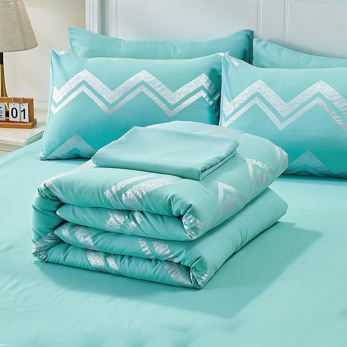 Wowelife Teal Comforter Set Queen7 Pieces Blue Glitter Metallic Bedding Set Full Teal Kids Comforter Set Breathable with Comforter, Flat Sheet, Fitted Sheet, 2 Pillow Shams and 2 Pillowcases - LeafyLoom