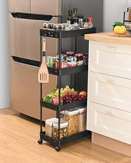 TOOLF 4 Tier Utility Cart with Wheels, Rolling Cart with Adjustable Divider & Hooks, Cart Organizer for Diaper Craft Snack, Narrow Storage Cart for Laundry Bedroom Bathroom Kitchen, Black - LeafyLoom