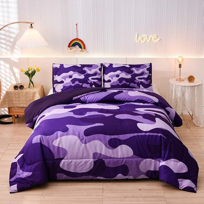 Meeting Story Camo Twin bedding Set Purple Camouflage Comforter Set, 3 PCS One Comforter and Two Pillowcases All Season Lightweight Bedspread for Kids Teens Adults (Purple, Twin) - LeafyLoom