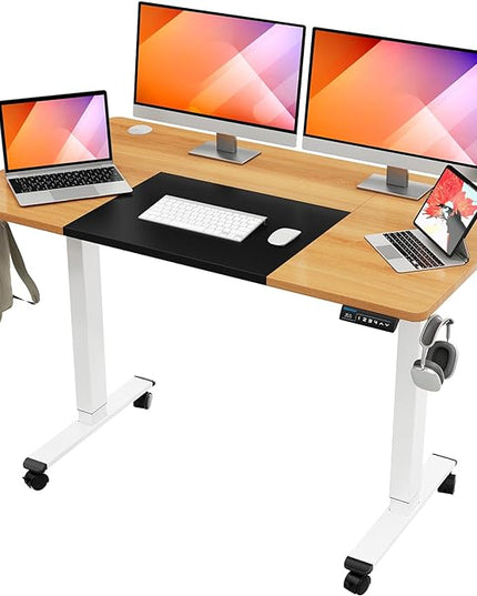 MOUNTUP 55x28 Inches Electric Height Adjustable Standing Desk, Sit Stand Desk with Memory Controller, Ergonomic Stand Up Desk for Home Office with Splice Board, Oak+Black - LeafyLoom