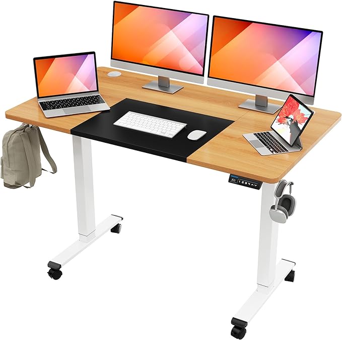 MOUNTUP 55x28 Inches Electric Height Adjustable Standing Desk, Sit Stand Desk with Memory Controller, Ergonomic Stand Up Desk for Home Office with Splice Board, Oak+Black - LeafyLoom