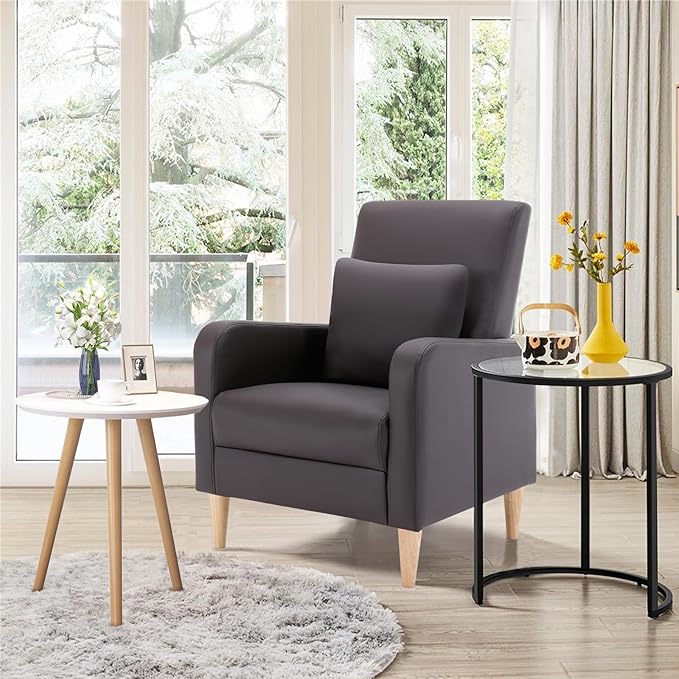 COLAMY Modern Accent Living Room Chairs Set of 2, Upholstered PU Leather Armchair Reading Side Chair, Single Sofa with Back Pillow and Wood Legs, Brown - LeafyLoom