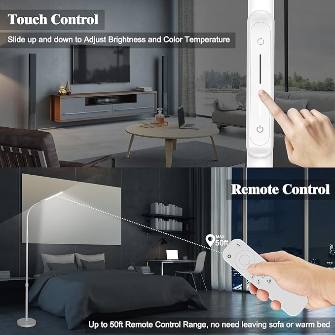 NXONE Led Floor Lamp,Modern Reading Adjustable Standing Height 4 Colors and Stepless Brightness Work Lamp for Living Room Bedroom Reading, White - LeafyLoom