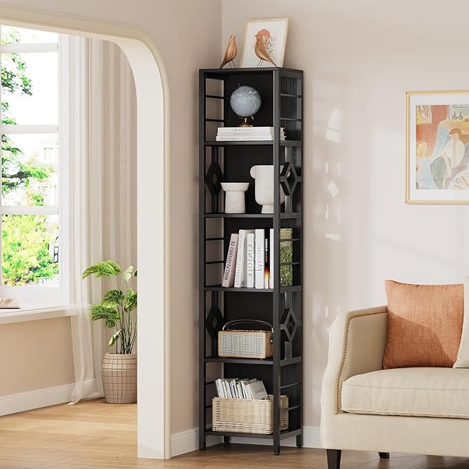 YITAHOME Narrow Bookshelf, 5-Tier Industrial Book Shelf Storage Rack, Display Shelves Stand Etagere for Small Spaces, Open Bookcase for Bedroom Living Room Bathroom Kitchen, Black - LeafyLoom