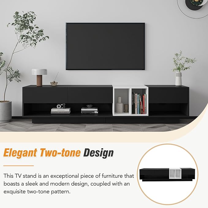 Merax Sleek and Stylish TV Stand with Perfect Storage Solution, Two-Tone Media Console for Television Up to 80'', Functional Cabinet with Versatile Compartment for Living Room, Black - LeafyLoom