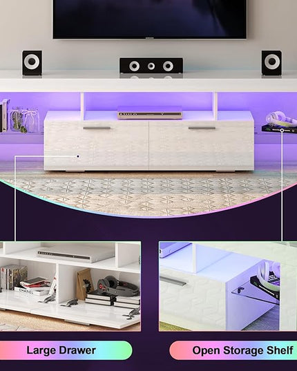 Clikuutory Modern LED 71 inch long TV Stand with Storage Drawer for 50 55 60 65 70 75 80 Inch TVs, White Wood TV Console with High Glossy Entertainment Center for Gaming, Living Room, Bedroom - LeafyLoom