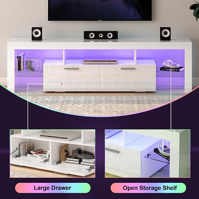 Clikuutory Modern LED 71 inch long TV Stand with Storage Drawer for 50 55 60 65 70 75 80 Inch TVs, White Wood TV Console with High Glossy Entertainment Center for Gaming, Living Room, Bedroom - LeafyLoom