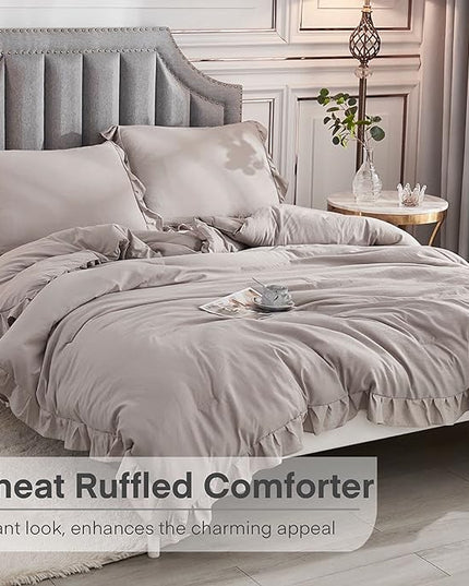 Andency Wheat Ruffled Comforter King(104x90Inch), 3 Pieces(1 Ruffle Comforter and 2 Pillowcases) Vintage Ruffle Fringe Comforter, Farmhouse Rustic Microfiber Down Alternative Bedding Comforter Set - LeafyLoom