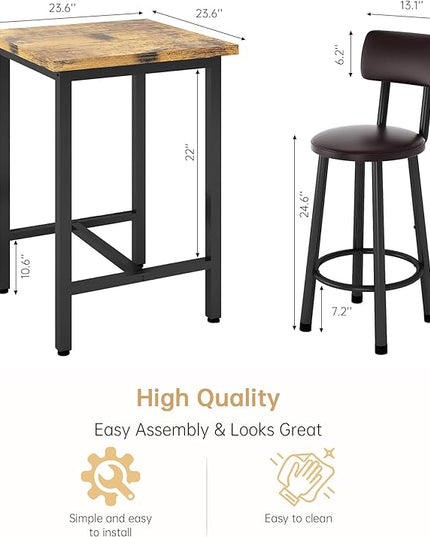 Recaceik 3 Piece Pub Dining Set, Modern bar Table and Stools for 2 Kitchen Counter Height Wood Top Bistro Easy Assemble for Breakfast Nook Living Room Small Space Restaurant, Rustic Brown 24” - LeafyLoom