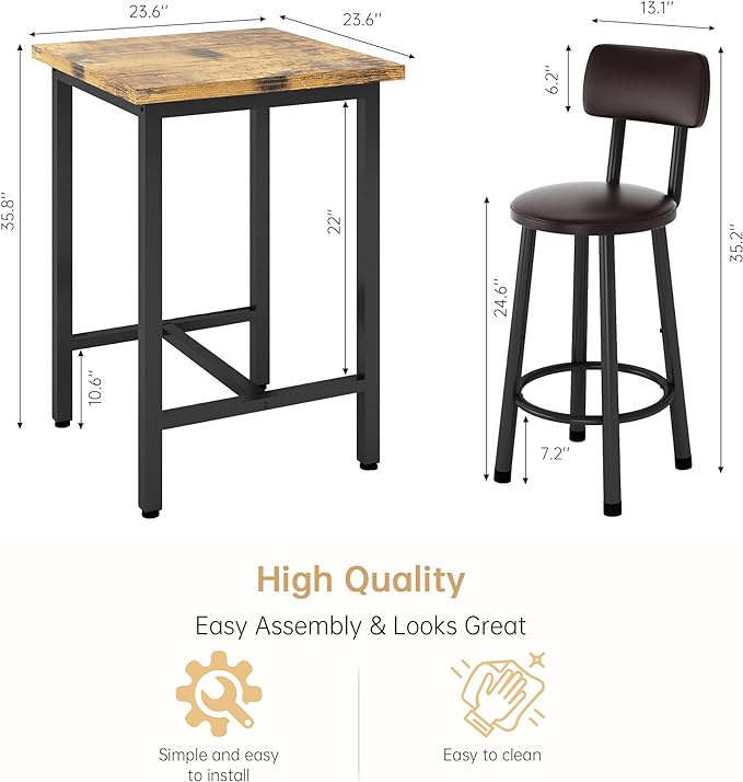 Recaceik 3 Piece Pub Dining Set, Modern bar Table and Stools for 2 Kitchen Counter Height Wood Top Bistro Easy Assemble for Breakfast Nook Living Room Small Space Restaurant, Rustic Brown 24” - LeafyLoom