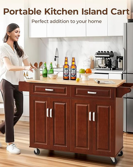 54“ Large Kitchen Island with Storage, Kitchen Cart on Wheels with 2 Large Drawers, Adjustable Shelf Inside Cabinet, Spice Rack & Towel Rack, Simple Design Rolling Island Table for Kitchen - LeafyLoom