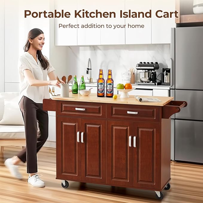 54“ Large Kitchen Island with Storage, Kitchen Cart on Wheels with 2 Large Drawers, Adjustable Shelf Inside Cabinet, Spice Rack & Towel Rack, Simple Design Rolling Island Table for Kitchen - LeafyLoom