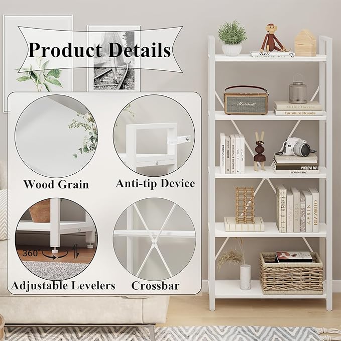 FATORRI 5 Tier Bookshelf, Metal and Wood Bookcase, Etagere Book Shelf for Display, Modern Shelving Unit Tall Book case for Home Office, Living Room, Bedroom (White Oak) - LeafyLoom