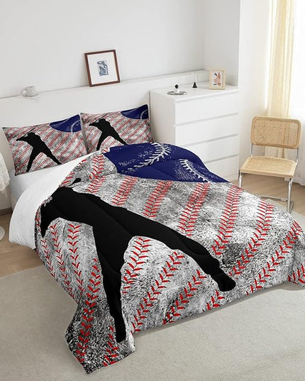 Erosebridal Baseball Comforter Set Queen for Boys Teen Baseball Athlete Bedding Set Kids Ball Games Sports Bed Comforter Sets Sport Baseball Quilt Duvet 2 Pillow Cases Retro Red Dark Blue White - LeafyLoom