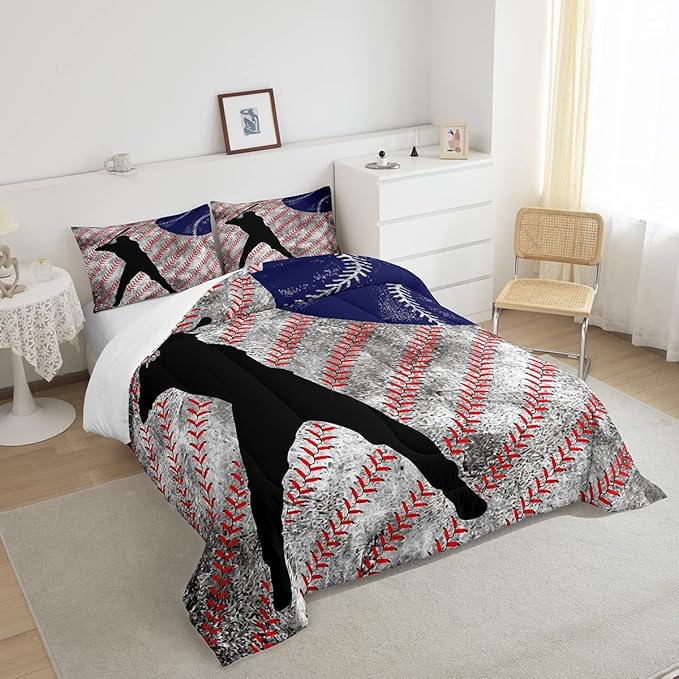 Erosebridal Baseball Comforter Set Queen for Boys Teen Baseball Athlete Bedding Set Kids Ball Games Sports Bed Comforter Sets Sport Baseball Quilt Duvet 2 Pillow Cases Retro Red Dark Blue White - LeafyLoom