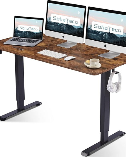 Motorized Stand Up Desk Adjustable Height, 55x24 Office Desk Memory Preset with Cable Management Tray and Side Hooks, Black Frame & Brown Desktop - LeafyLoom