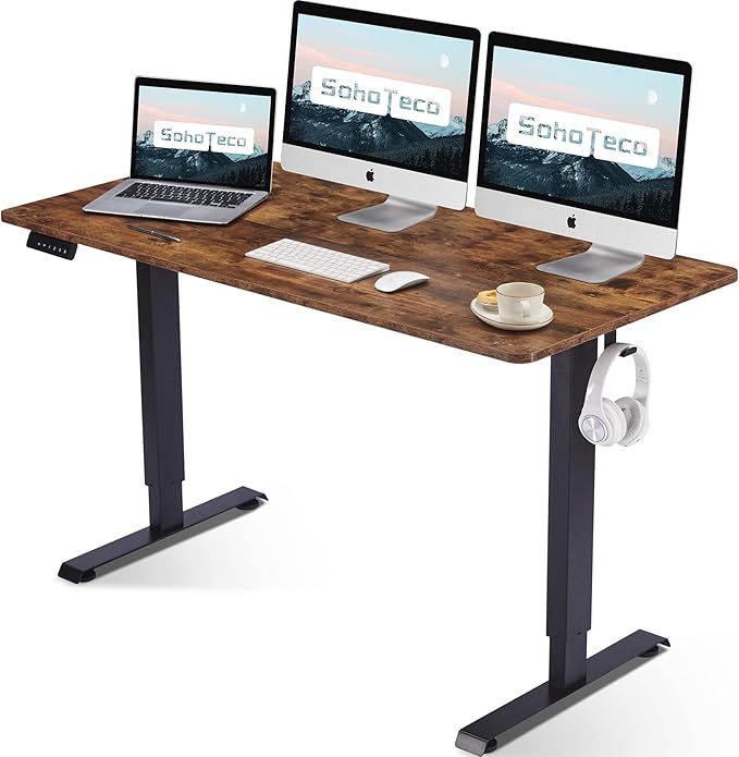 Motorized Stand Up Desk Adjustable Height, 55x24 Office Desk Memory Preset with Cable Management Tray and Side Hooks, Black Frame & Brown Desktop - LeafyLoom