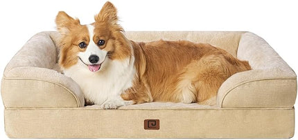 EHEYCIGA Orthopedic Dog Beds for Large Dogs, Waterproof Memory Foam Large Dog Bed with Sides, Non-Slip Bottom and Egg-Crate Foam Large Dog Couch Bed with Washable Removable Cover, Greige EHEYCIGA