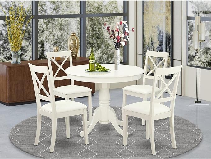 East West Furniture ANBO5-LWH-LC Antique 5 Piece Kitchen Set for 4 Includes a Round Table with Pedestal and 4 Faux Leather Dining Room Chairs, 36x36 Inch - LeafyLoom