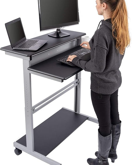 Stand Up Desk Store Rolling Adjustable Height Two Tier Standing Desk Computer Workstation (Silver Frame/Black Top, 40" Wide) - LeafyLoom