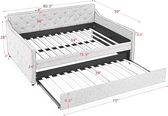 Full Size Daybed with win Size Trundle, Upholstered Tufted Day Bed, with Button Back and Waved Shape Arms, Wood Slat Support, No Spring Box Need, for Bedroom, Livingroom, Grey - LeafyLoom