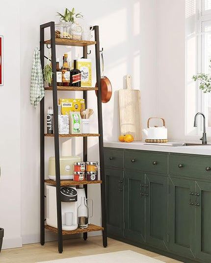 YMYNY 5 Tiers Ladder Bookcase, Industrial Narrow Bookshelf, Open Display Rack with 4 S Hooks, Metal Storage Shelves for Bedroom, Home Office, Living Room, Rustic Brown, 63H*13.4L*11.8W, UHBC025H - LeafyLoom
