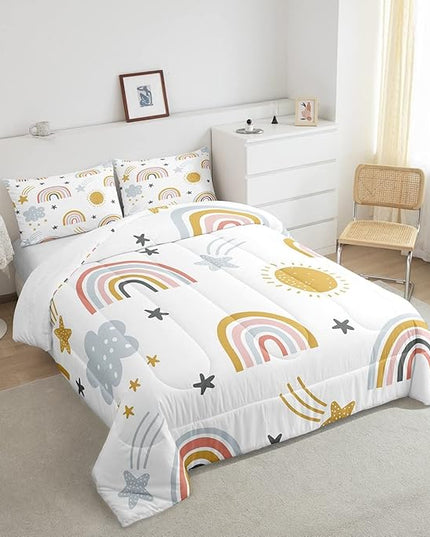 Erosebridal Girls Rainbow Bedding Set, Sun and Stars Comforter Set Twin Size for Kids Boys Children Cartoon Style Cloud Bedding Comforters Girly Soft Microfiber Duvet Insert for Bedroom Decor - LeafyLoom