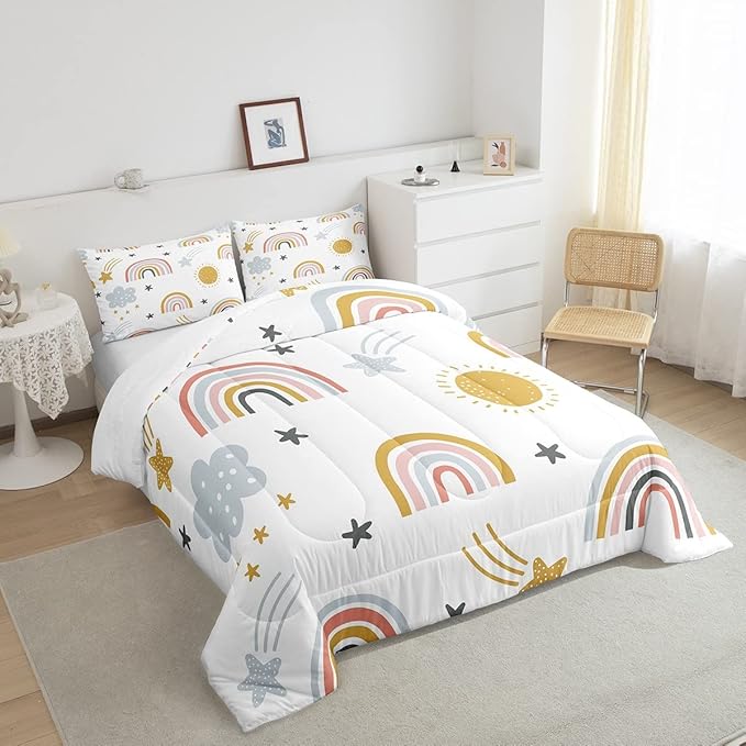 Erosebridal Girls Rainbow Bedding Set, Sun and Stars Comforter Set Twin Size for Kids Boys Children Cartoon Style Cloud Bedding Comforters Girly Soft Microfiber Duvet Insert for Bedroom Decor - LeafyLoom