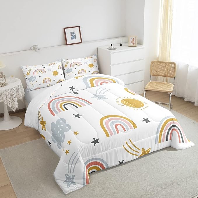 Erosebridal Girls Rainbow Bedding Set, Sun and Stars Comforter Set Queen Size for Kids Boys Children Cartoon Style Cloud Bedding Comforters Girly Soft Microfiber Duvet Insert for Bedroom Decor - LeafyLoom