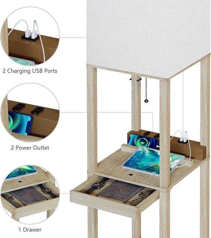 SUNMORY Floor Lamp with Shelves,Modern Dimmable Wood Standing Lamp with 1 Drawer and 2 USB Ports & 2 Power Outlet,Corner Tall Bookshelf Lamp for Living Room and Bedroom(Wood Color) - LeafyLoom