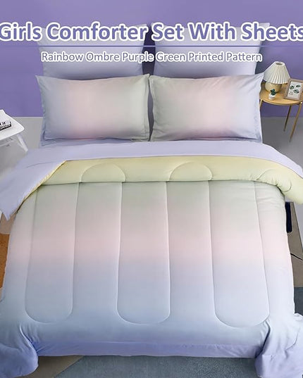 Dinjoy Girls Comforter Set Full Size Colorful Rainbow Ombre Pink Purple Green Bedding Set Gradient 7 Pieces Bed in A Bag for Kids Teen Girl Women(1 Comforter, 1 Flat Sheet, 1 Fitted Sheet) - LeafyLoom