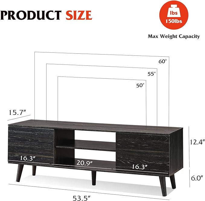WLIVE TV Stand for 55 60 inch TV, Modern Entertainment Center with Storage Cabinets, Mid Century TV Console Table for Bedroom, TV Stand for Living Room, Charcoal Black - LeafyLoom