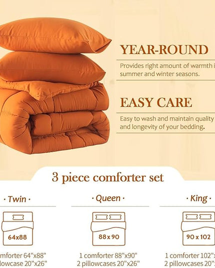 WhatsBedding Queen Comforter Set, Lightweight 3 Pieces Bedding Set for All Season Soft Down Alternative Burnt Orange Bed Set with 2 Pillow Cases, Queen Size,88"x90" - LeafyLoom