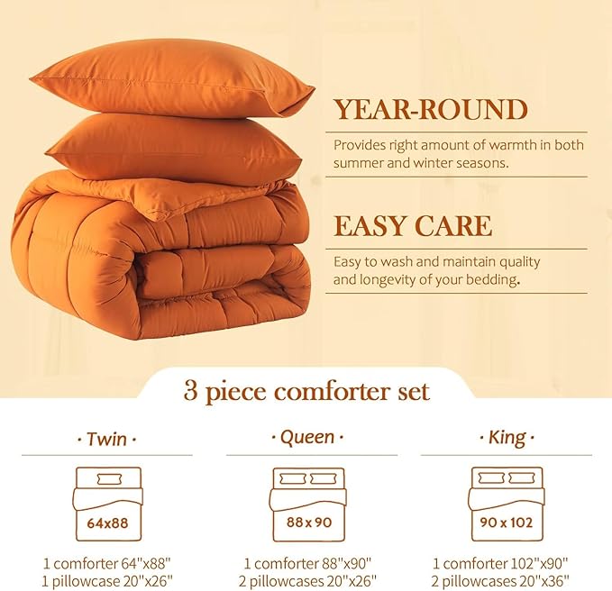 WhatsBedding Queen Comforter Set, Lightweight 3 Pieces Bedding Set for All Season Soft Down Alternative Burnt Orange Bed Set with 2 Pillow Cases, Queen Size,88"x90" - LeafyLoom