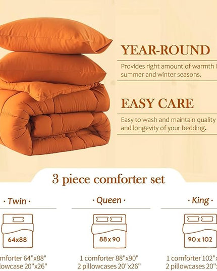 WhatsBedding Twin Comforter Set,Burnt Orange Lightweight Bedding Set for All Season Soft Down Alternative Terracotta Bed Set with 1 Pillowcase, Twin Size, 64"x88" - LeafyLoom