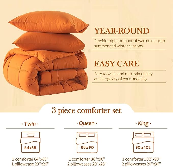 WhatsBedding King Comforter Set, Burnt Orange Lightweight 3 Pieces Bedding Set for All Season Soft Down Alternative Terracotta Bed Set with 2 Pillowcases, King Size, 102"x90" - LeafyLoom