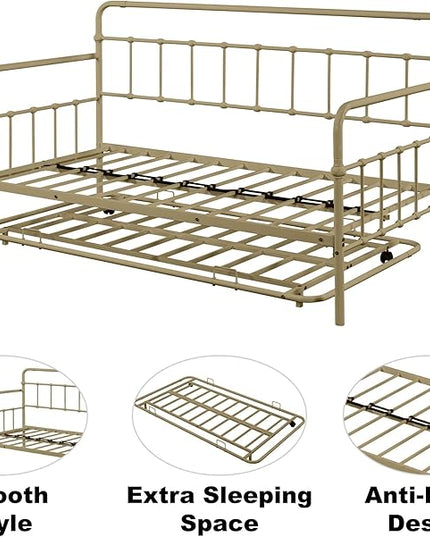 Twin Size Bed W/Slats,Metal Frame Daybed with Trundle & Anti-Noise Design,Space-Saving,Easy to Install,for Living Room Bedroom Apartment,Bronze - LeafyLoom