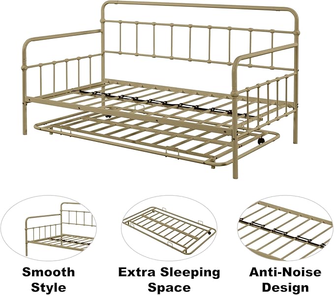 Twin Size Bed W/Slats,Metal Frame Daybed with Trundle & Anti-Noise Design,Space-Saving,Easy to Install,for Living Room Bedroom Apartment,Bronze - LeafyLoom
