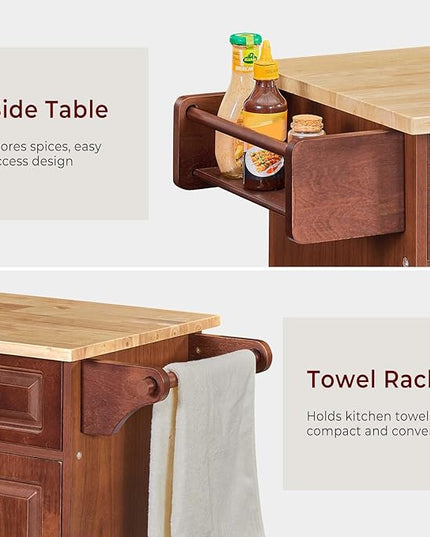 54" Rolling Kitchen Island on Wheels, Large Kitchen Island Cart with Storage Cabinet, Portable Wood Island Table for Kitchen with 2 Drawers and Spice Rack & Towel Rack, Rustic Brown - LeafyLoom