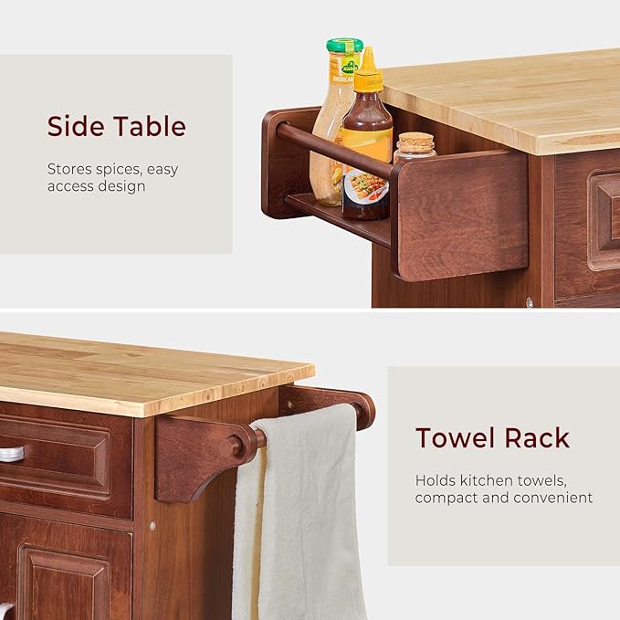 54" Rolling Kitchen Island on Wheels, Large Kitchen Island Cart with Storage Cabinet, Portable Wood Island Table for Kitchen with 2 Drawers and Spice Rack & Towel Rack, Rustic Brown - LeafyLoom