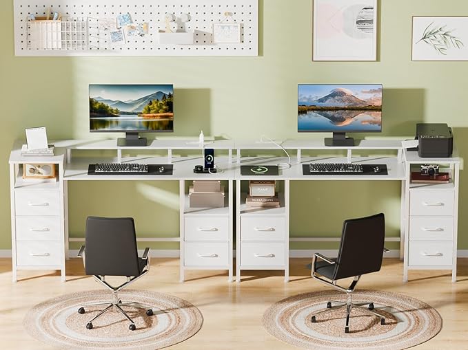 White Computer Desk with Power Outlets & LED Lights, Gaming Desk with 5 Fabric Storage Drawers, 47 Inch Home Office Desk with Monitor Stand Shelves for Working, Modern Vanity Desk for Bedroom - LeafyLoom