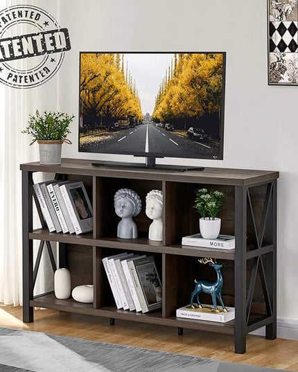 FATORRI Rustic 6 Cube Storage Organizer with Shelf, Wood and Metal Cubby Bookcase, Industrial Horizontal Bookshelf (Walnut Brown, 47 Inch) - LeafyLoom