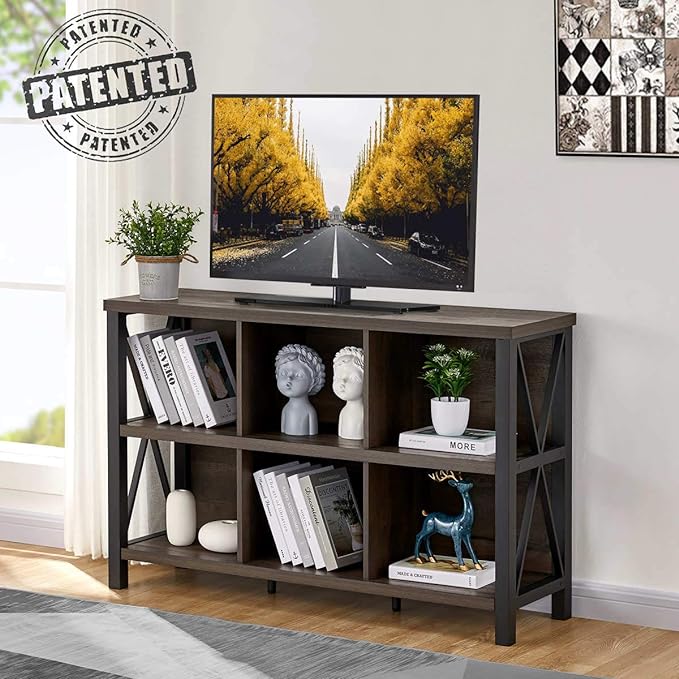FATORRI Rustic 6 Cube Storage Organizer with Shelf, Wood and Metal Cubby Bookcase, Industrial Horizontal Bookshelf (Walnut Brown, 47 Inch) - LeafyLoom