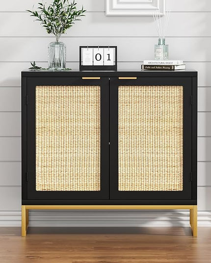 Anmytek Rattan Sideboard Buffet Kitchen Storage Cabinet with 2 Doors, Modern Black Accent Cabinet for Kitchen Buffet Cabinet with Storage for Kitchen - LeafyLoom